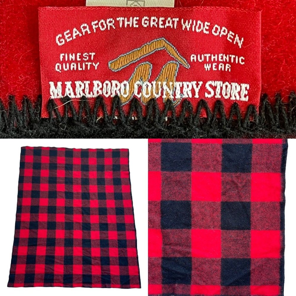 Vintage Marlboro Adventure Gear Buffalo Plaid Wool Blanket Leather Carry…
